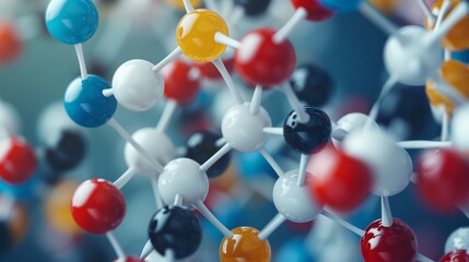 Obraz premium A close-up of a molecular structure model made of colorful spheres and sticks, representing a complex chemical compound with detailed lattice arrangement.