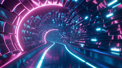 A futuristic neon-lit tunnel with geometric shapes in pink and blue hues, creating a sci-fi atmosphere.

