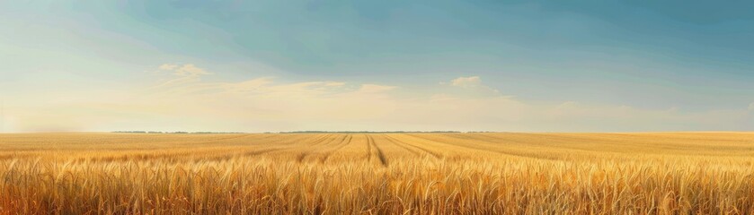 Obraz premium Expansive wheat field under a blue sky with scattered clouds.