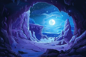Mystical Rocky Cave Entrance With A Full Moon At Night