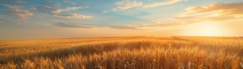 Obraz premium Golden wheat field at sunset with dramatic clouds and warm light.