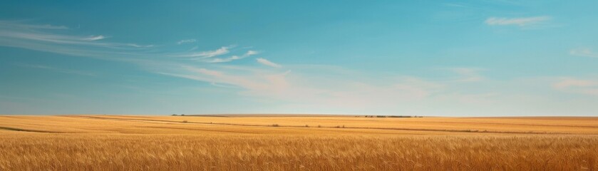 Fototapeta premium Golden wheat field at sunrise with soft light and clear sky.