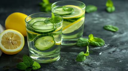 Fototapeta premium Two glasses of refreshing lemon and cucumber-infused water with mint leaves on a dark surface.