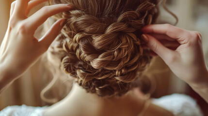 Obraz premium Hands styling an intricate braided updo hairstyle on brown hair.