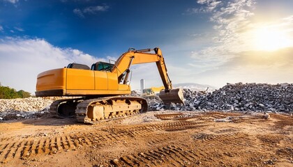 Obraz premium A powerful excavator working on a construction site, moving gravel under a bright sky. Heavy machinery at its best.