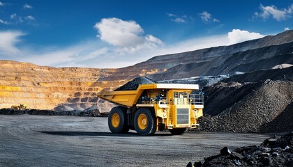 A large yellow dump truck parked on a mining site, showcasing heavy machinery against a rugged landscape.