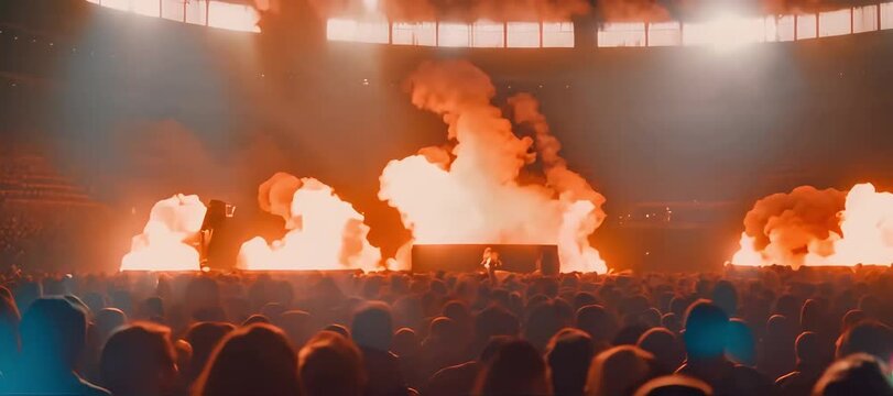 A fiery concert scene with a crowd silhouetted against massive stage flames