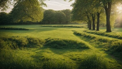 Fototapeta premium Golden sunlight bathes rolling green hills, distant trees framing a serene morning landscape