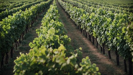 Vineyard Rows at Sunset:  A serene vineyard landscape, rows of lush green grapevines stretch towards the horizon as the sun dips below the hills, casting a golden glow across the scene.  Perfect for p