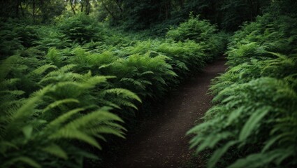 Fern-Fringed Path: A sun-dappled trail winds through lush ferns in a tranquil forest, inviting exploration and solitude. 