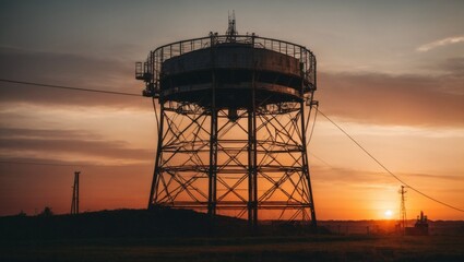 Sunset Sentinel: A lone water tower stands tall against a vibrant sunset, casting a long shadow across the industrial landscape. 