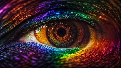 Obraz premium Prism of Pride: A captivating close-up of an eye adorned with vibrant rainbow colors, celebrating diversity and LGBTQ+ pride. 