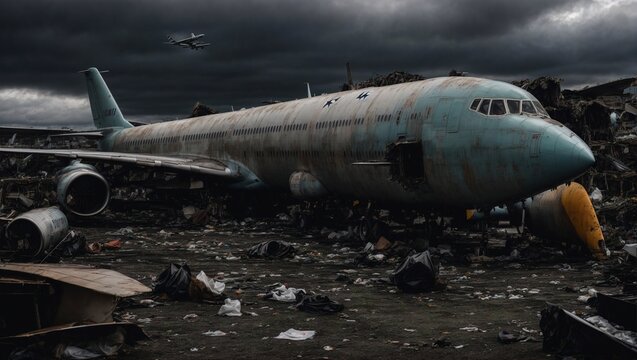 The Ghost of a Giant: A weathered airplane, stripped of its glory, sits abandoned in a junkyard, a haunting reminder of past journeys and a symbol of industrial decay. 