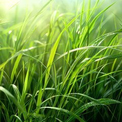 Obraz premium Lush green grass swaying gently in the breeze, illuminated by soft sunlight, creating a serene and tranquil nature scene.
