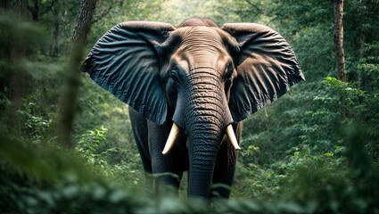 Majestic Elephant in Dense Jungle: A majestic elephant emerges from the lush greenery of a dense jungle, its powerful presence commanding attention in a captivating photograph. The elephant's wise eye
