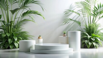 Fototapeta premium Minimalist White Podium with Green Plants.