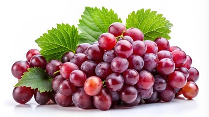Fototapeta premium Fresh Red Grapes with Green Leaves on White Background.