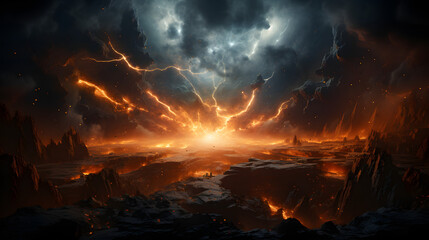 A fiery, apocalyptic landscape with jagged rocks, glowing lava and a stormy sky. Two figures stand in the distance, silhouetted against the inferno.