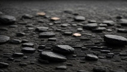 Obraz premium Abstract Black and Gold Pebbles: A minimalist abstract photography featuring scattered black pebbles on a textured black surface with two golden circular objects, creating a visually intriguing contra