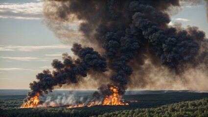 Raging Inferno Consumes Forest: A wildfire rages across a sprawling forest, billowing black smoke into the sky in a stark depiction of environmental devastation. 