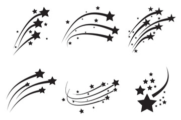 Shooting stars icon vector set. Flying comet with tail. Abstract silhouette of shooting star. Meteorite and comet symbols. Star tail symbol. Abstract galaxy element. Vector illustration.  © Eshanwita