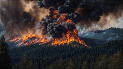 Inferno's Fury: A wildfire rages through a dense forest, its flames licking at the sky as a massive plume of smoke blots out the sun. A stark reminder of nature's power and the devastating impact of c
