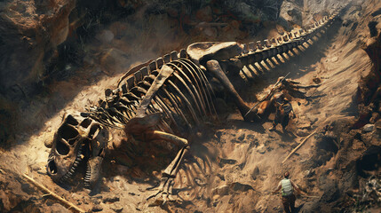 Naklejka premium Archaeologists uncovering a large dinosaur skeleton in a sandy excavation site.