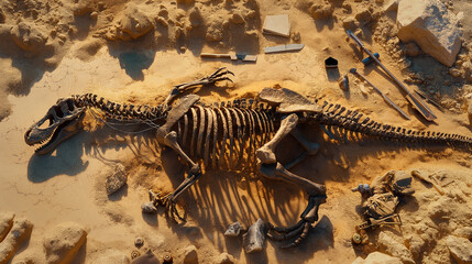 Obraz premium Archaeologists uncovering a large dinosaur skeleton in a sandy excavation site.