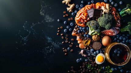 Concept of food of brain , salmon coffee beans , Blueberries, Turmeric, Broccoli, Pumpkin seeds, Dark chocolate, Nuts, Oranges, Eggs, Green tea in a glass , Generative AI