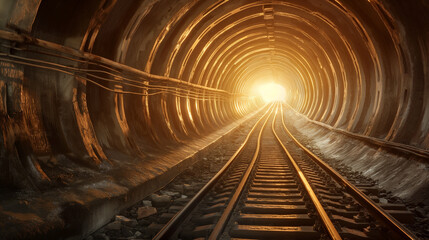 Obraz premium A railway track leading into a tunnel with a bright light at the end.