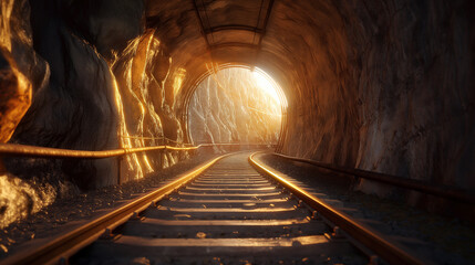 Naklejka premium A railway track leading into a tunnel with a bright light at the end.