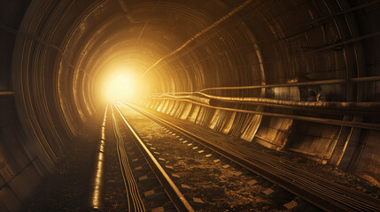 Naklejka premium A railway track leading into a tunnel with a bright light at the end.