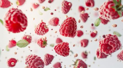 Various falling fresh ripe raspberries isolated on white background