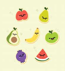 Collection of Cute Fruit Stickers. Perfect for Fun and Whimsical Designs. Adorable Icons. Apples, Bananas, Cherries, Strawberries. Flat Illustration Style.