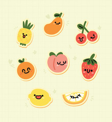 Collection of Cute Fruit Stickers. Perfect for Fun and Whimsical Designs. Adorable Icons. Apples, Bananas, Cherries, Strawberries. Flat Illustration Style.