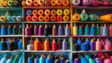 Obraz premium Shelves filled with colorful spools of thread in a fabric store.