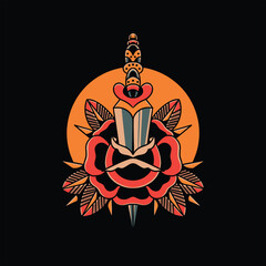 rose dagger tattoo vector design