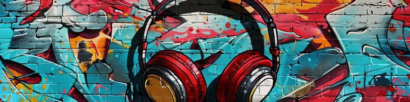 Fototapeta headphones lying on a graffitied wall