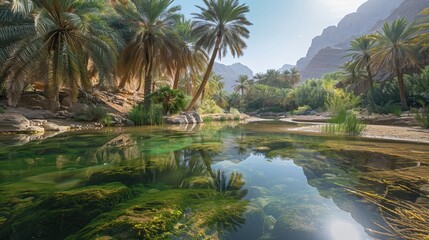Lush oasis with palm trees and a clear water pond under a sunny sky