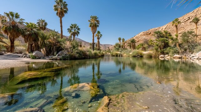 Desert oasis with palm trees and clear water reflecting the blue sky above