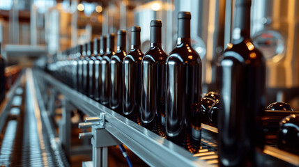 Bottles of wine moving along a conveyor belt in a factory.