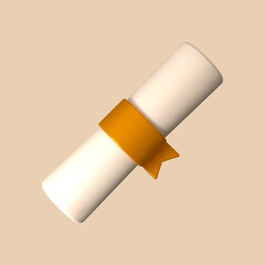 Diploma scroll icon. 3D representation of a university certificate, business license, or graduation document.