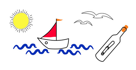 Boat, letter in bottle in sea, seagulls. simple flat illustration set for poster, flyer, card on safety, nautical, beach resort, vacation, holiday, pirate, adventure theme.
