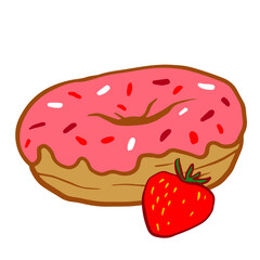 
strawberry flavored donut, donut with strawberry glaze, popular sweet pastry doodle illustration isolated on white for posters, menus, price tags, banners
