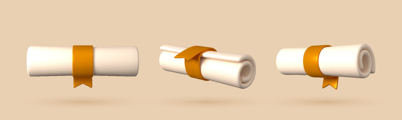 Set of diploma scroll icon. 3D representation of a university certificate, business license, or graduation document.