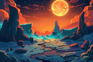Mystical canyon landscape with glowing moon and vibrant sky