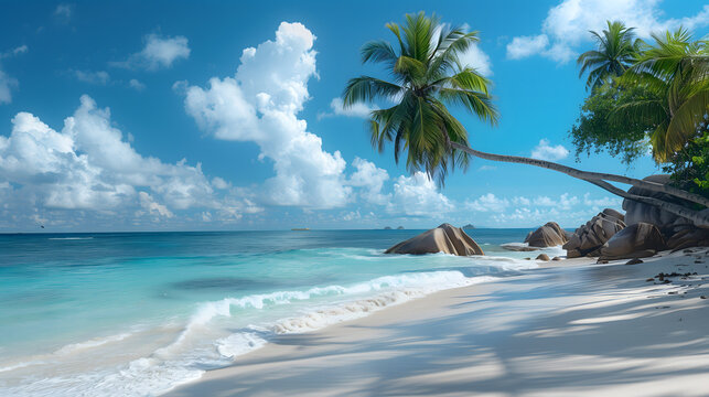 Palm trees and granite rocks in the white sand on seychelles beach. Simply paradise