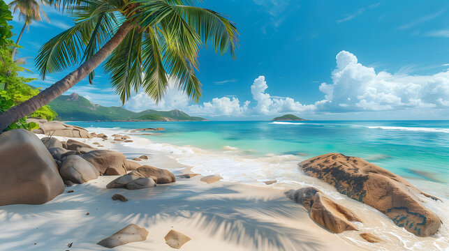 Palm trees and granite rocks in the white sand on seychelles beach. Simply paradise