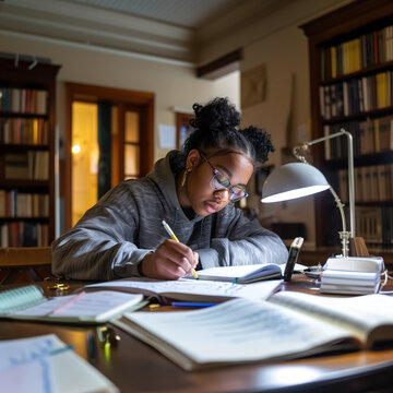 student studying in library female black college girl with glasses