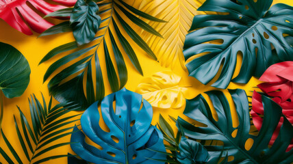 Bright collage with exotic  tropical leaves. Floral decoration. Abstract nature background